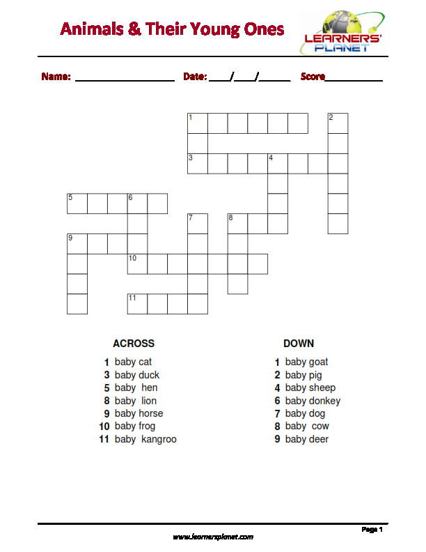 Animals & Their Young Ones crossword puzzle worksheet download